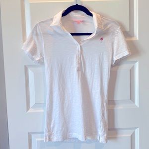White Lilly Pulitzer Polo w Pink Palm Embroidered Logo Sz M